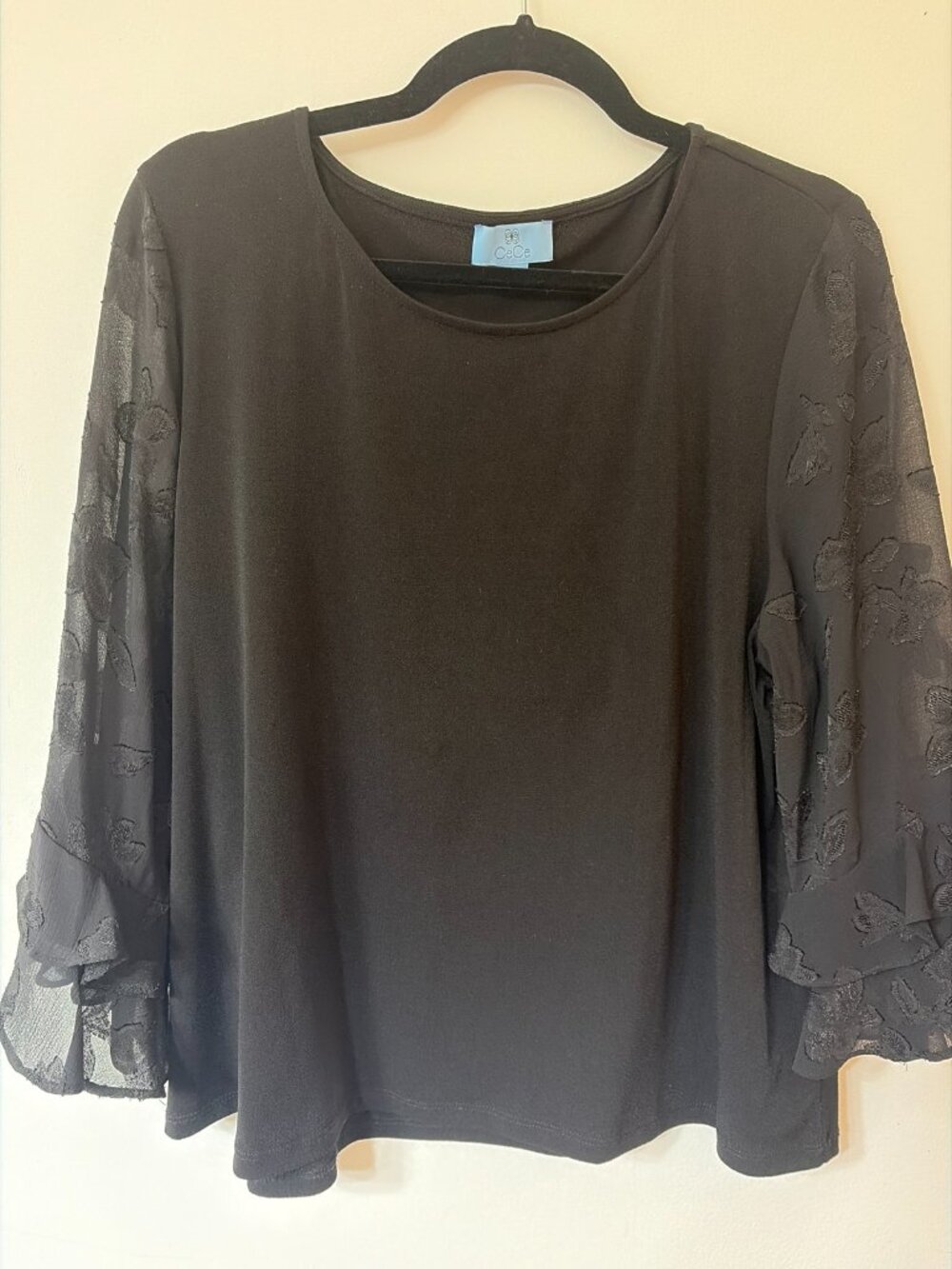 CeCe Black Blouse Sheer Embroidered Floral Sleeves - Size XL